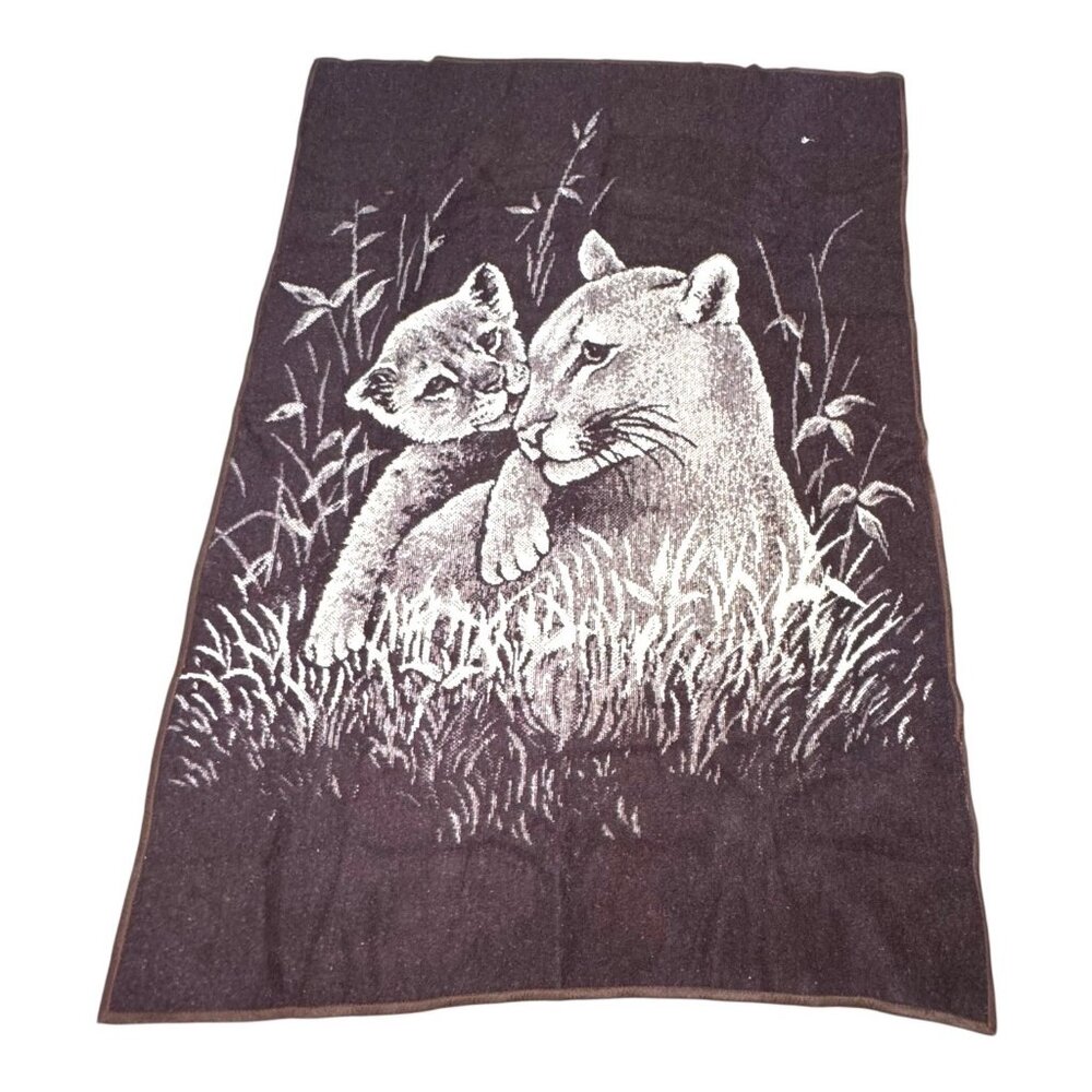 Vintage Tiger Cougar & Cub Throw Blanket Reversible  54" X 78" Black & White REA